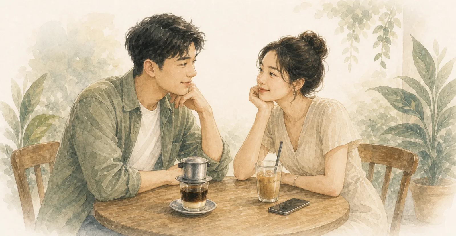 Two people talking over coffee